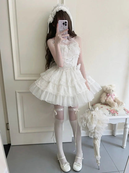 Japan Mini Dress Summer Sleeveless Lolita Dress Female Tierred Wedding Party Dress Lady White Prom Dress