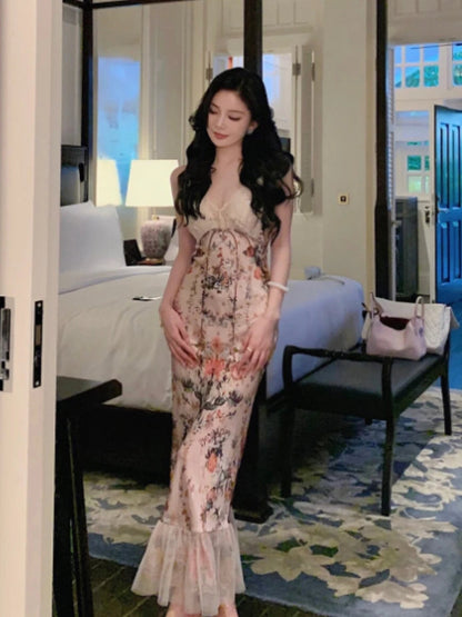 French Y2k Vneck Midi Dress Evening Party Dress Beach Style Retro One Piece Dress Korean
