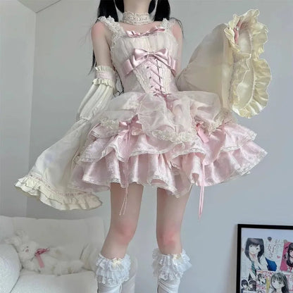 Japanese Sweet Lolita Jsk Dress Gothic Y2k Bow Lace Ruffles Evening Party Mini Dresses Harajuku Kawaii Black Vestidos