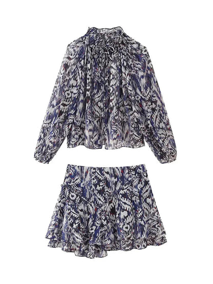 Chiffon 2 Piece Set Long Sleeves Printed Flowy Loose Blouse Top Woman Ruffle Aline Mini Skirt