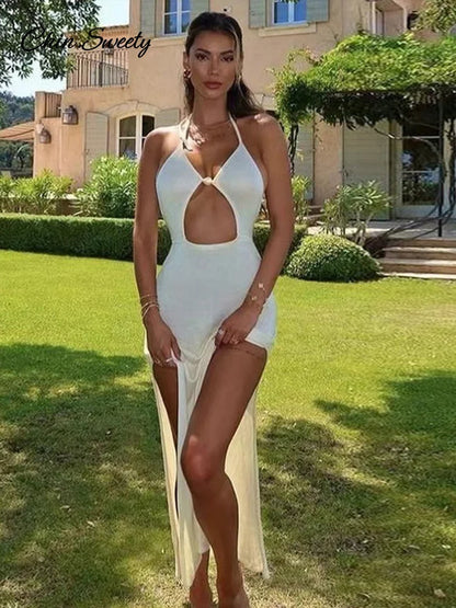 Knit Halter Maxi Dress Backless Lace Up V Neck Cutout Bodycon Long Dresses Summer Vacation Party Holiday Robes New
