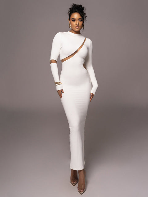 Turtleneck Long Sleeve Bodycon Maxi Dress for Autumn New Patchwork Hollow Out Club Party Long Dress Vestidos