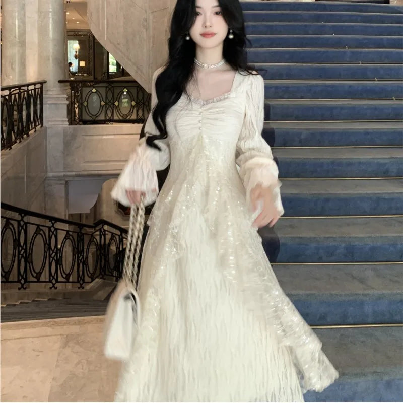 Autumn Winter New Midi Dresses for Lace Ruffles Flare Sleeve A-line Birthday Party Dress Korean Vestidos Mujer