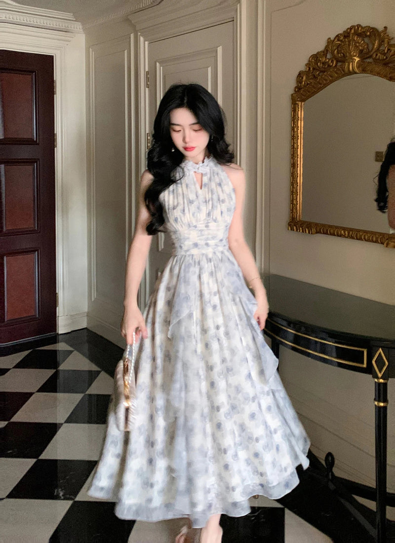 New Strapless Sleeveless White Chiffon Long Dress French Retro Fairy Tale Princess Dress Ruffled Fluffy Dress