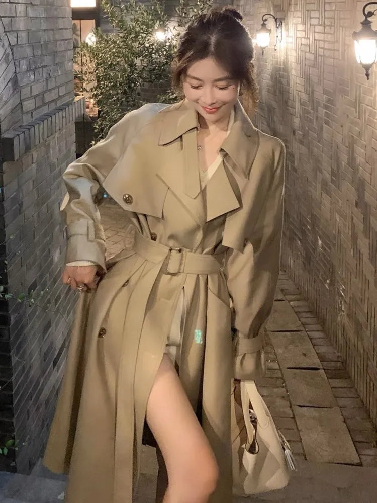 Autumn Winter Khaki Long Trench Coat for Jacket Outerwear Turn-down Collar Tie Belt Korean Windbreaker
