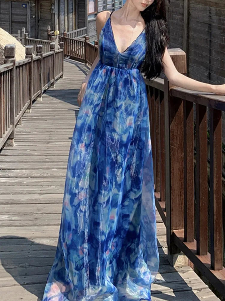Summer Print Midi Dress Sleeveless Aline Maxi Vestidos Female Backless Long Robe New