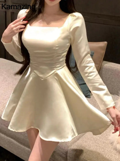 Satin Mini Dress Spring Summer Aline Party Evening Clothes Female Long Sleeve Vestidos New