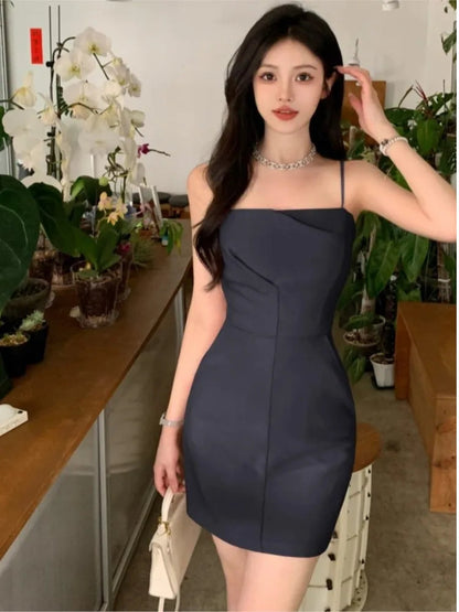 New Midi Dress Summer Spaghetti Strap Pleated Bodycon Party Slim One Piece Clothes Vestidos