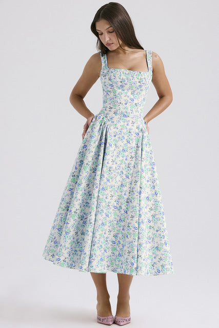 Flower Print Spaghetti Strap Dresses Backless Low Cut Folds Vacation Style Slim Midi Dress Female Vestidos
