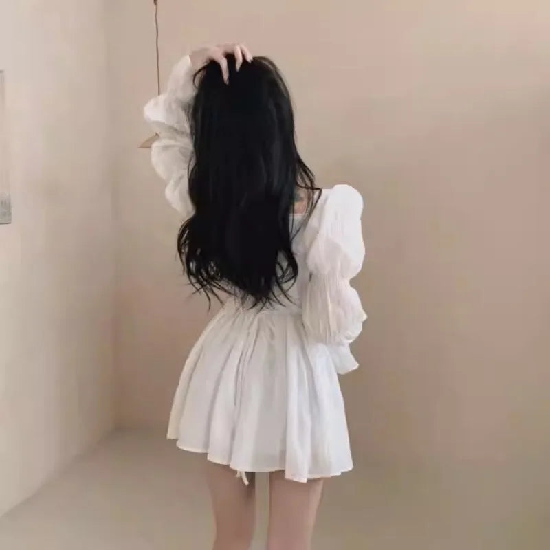 Dresses Puff Sleeve Ruffles Square Neck Spring Autumn Vestidos Mujer Korean Aline Mini Dress