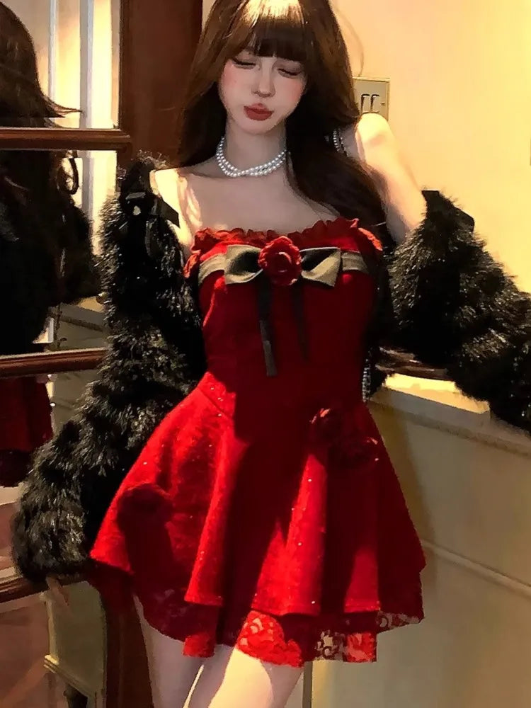 Y2k Sweet Mini Dress for Strapless Slash Neck Lace Patchwork Princess Party Dresses French Short Vestidos