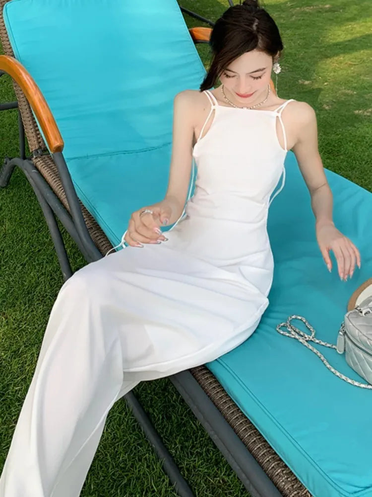 French Style White Dresses Slash Neck Sleeveless Evening Party Long Dress Summer Holiday Robe Female Clothing New