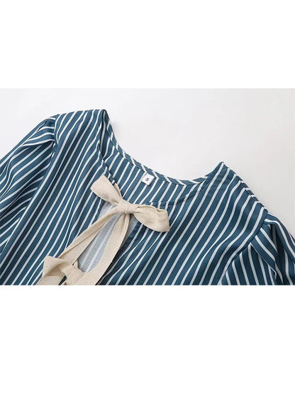 Summer Stripes Shirts for Woman Round Neck Short Sleeves Bow Laceup Tops Female Blouses