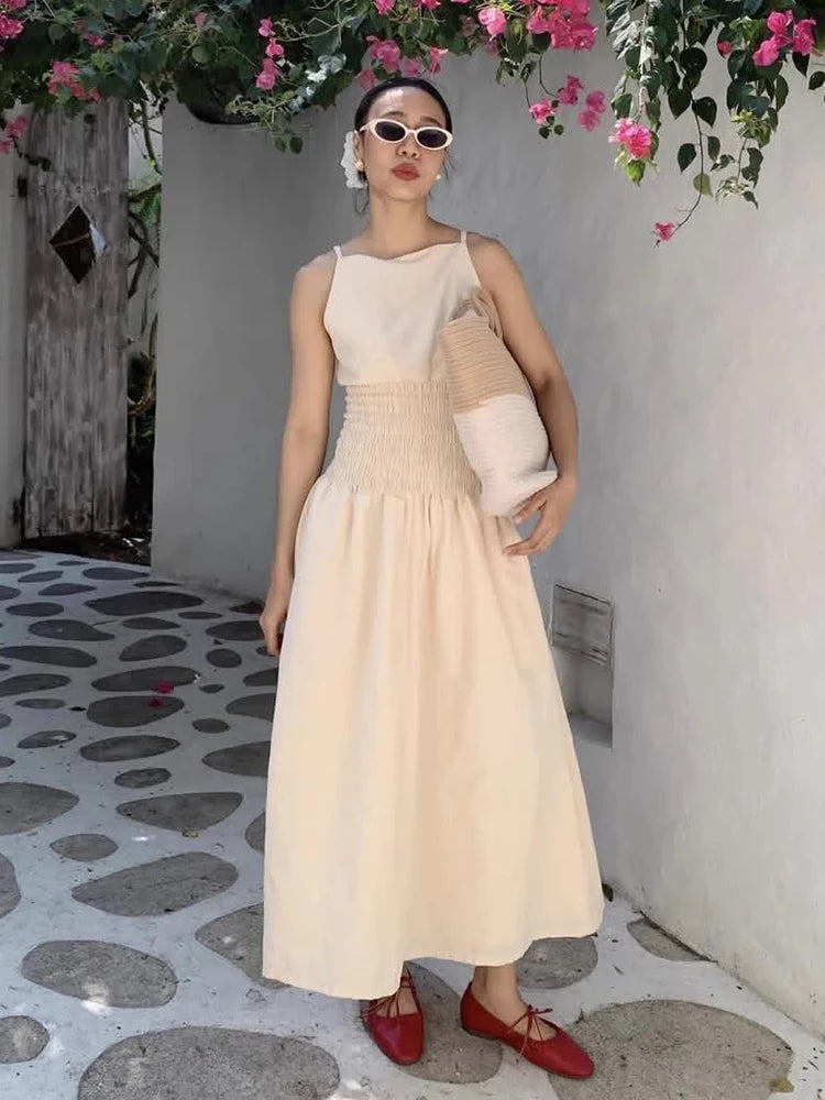 Korean Summer New French Vacation Style Wrinkles Hugging Waist Stretching Sleeveless Strap Long Dresses