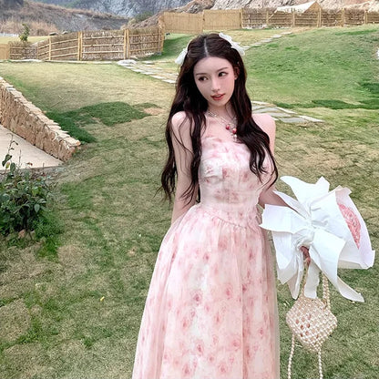 Halterneck Dress for Korean Pink Rose Chiffon Clothing New Summer Party Korean Long Dresses.