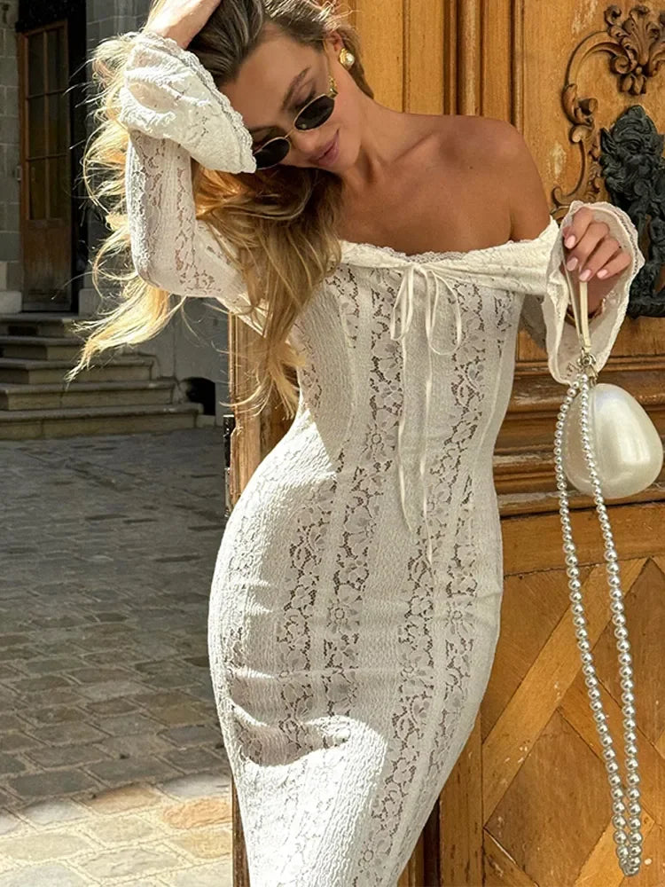 Hollow Lace Strapless Maxi Dress