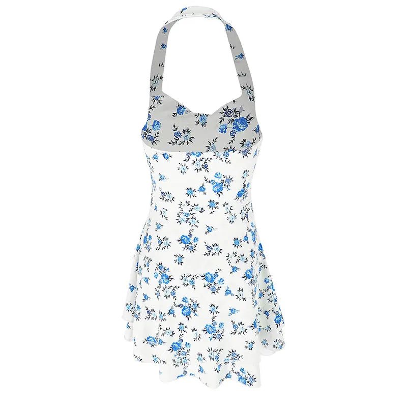 Halter Mini Dresses Spring Summer New Slim Blue Print Dress Backless Dress