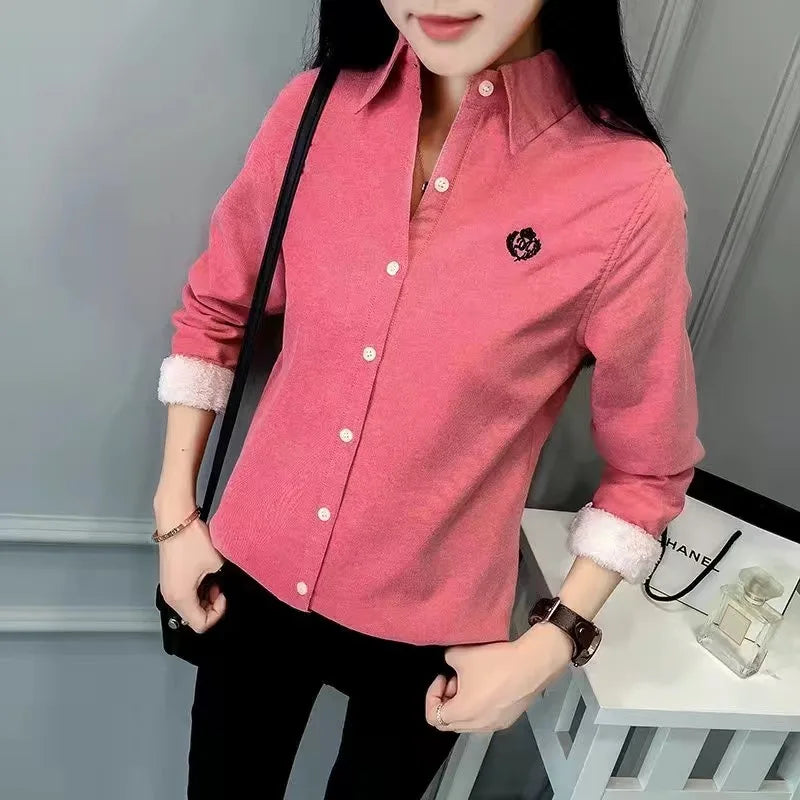 Very Thick Winter Style Blouses Shirts Lady Long Sleeve Turn-down Collar Velvet Blusas Tops Df3161
