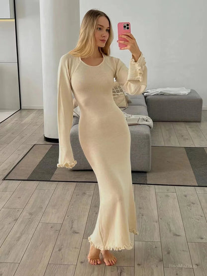 Ribbed Knit Ruffle Trim Long Dress Long Sleeve Bodycon Party Cocktail Dress Flare Summer Beach Cover Up