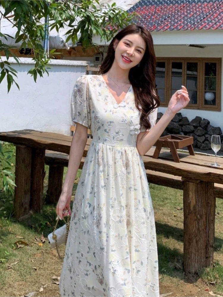 Summer New Chinese Style Midi Dresses for Printed V-neck Puff Sleeve A-line Dress One Piece Vestido
