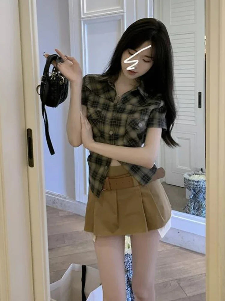 Plaid Short Sleeve Shirt American Retro Button Up Cardigan Blouse Female 90s Summer Cargo Slim Tops
