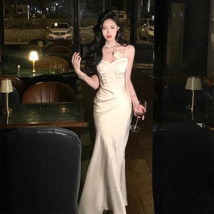 Summer Spaghetti Strap Evening Party Prom Club New Backless Split Satin Long Dresses Female Vestidos
