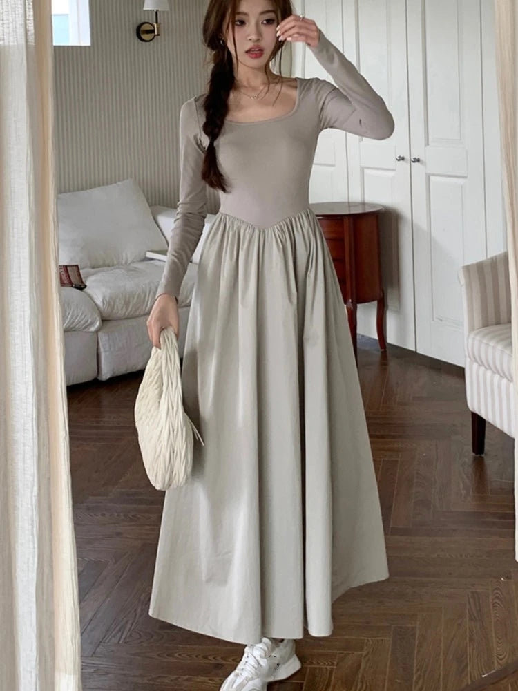 Knitted Midi Dresses for Long Sleeves Square Collar A-line Autumn New Dress Female Slim Vestidos