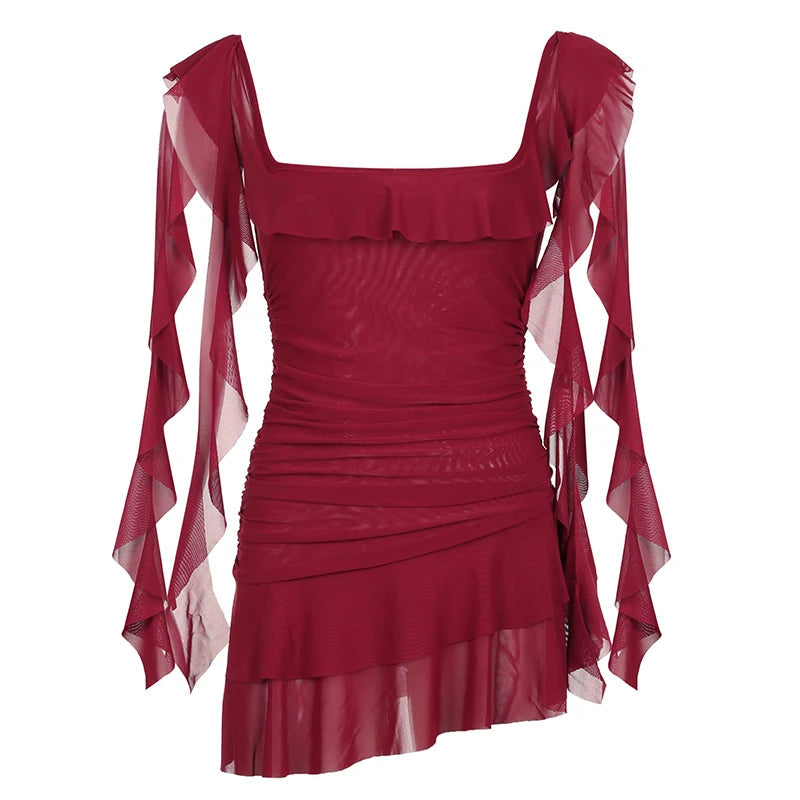 Aline Asymmetrical Tiered Mini Dress Coquette Aesthetic Ruffle Square Collar Layered Dresses Party