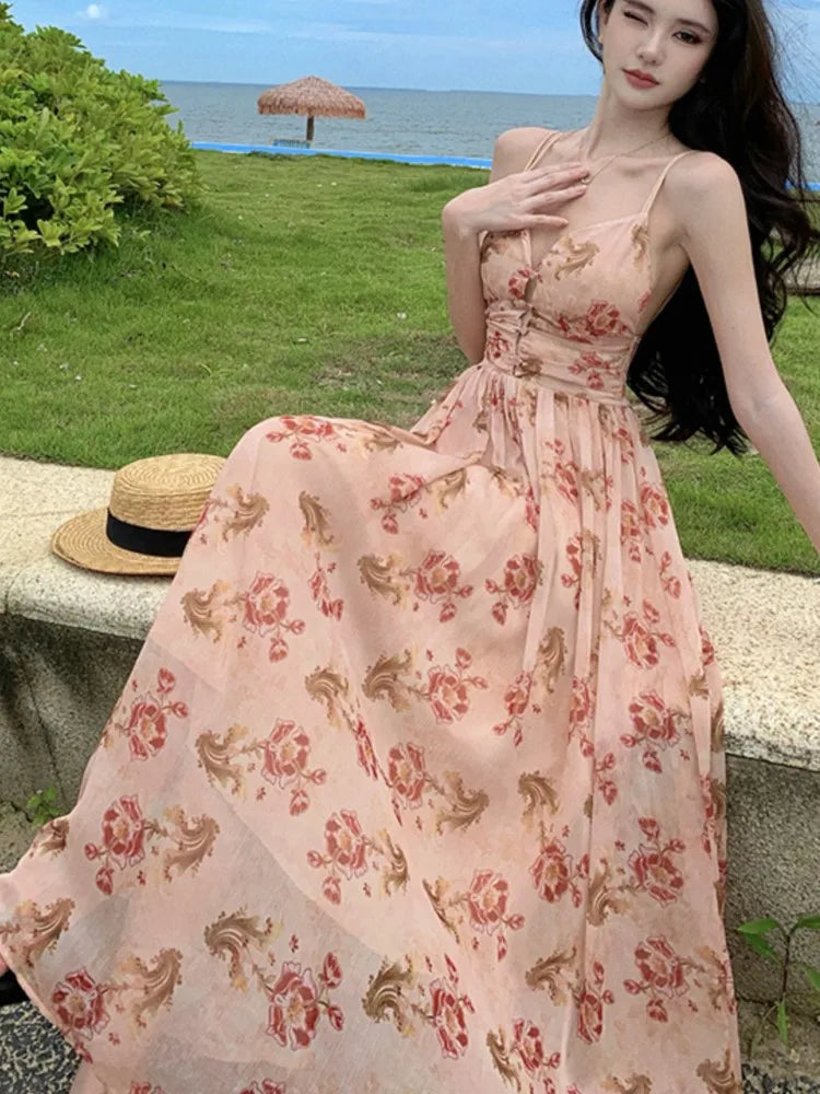 Summer New Spaghetti Strap Long Dresses for Backless A-line Beach Style Korean Party Dress Vestidos