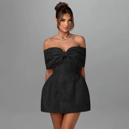Jacquard Bow Strapless Backless Mini Dress