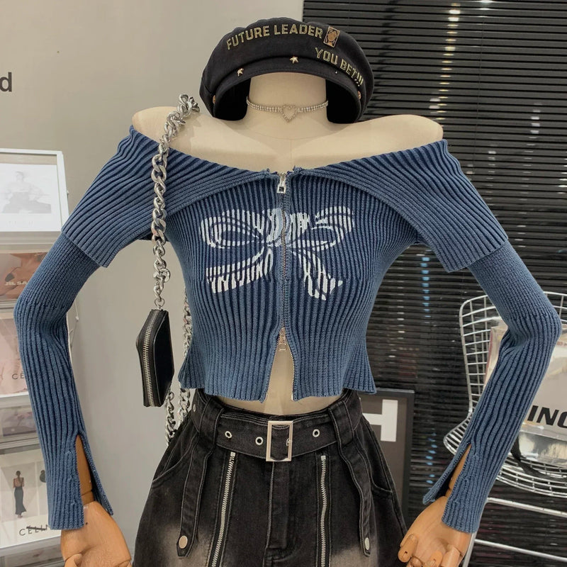 Bow Print Offshoulder Knitwear Gradient Cardigan Sweater Zipper Maillard Style Fairy Grunge Long Sleeve Top Y2k Clothes