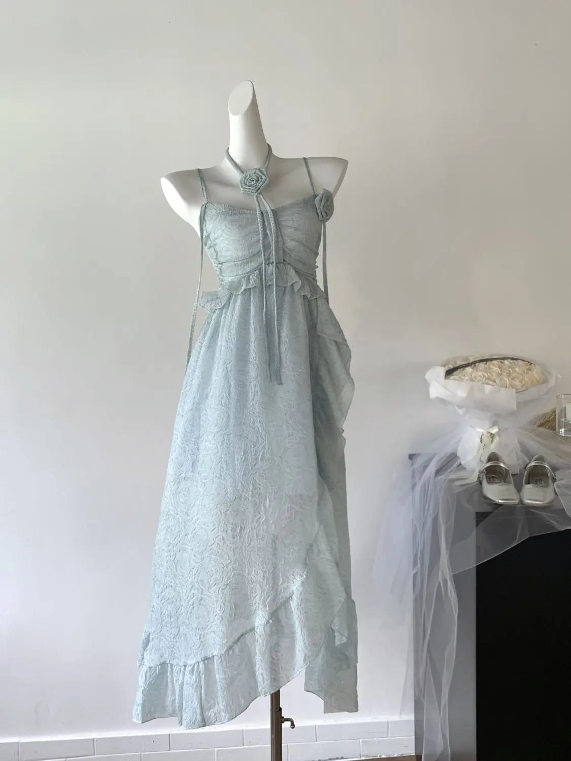 Korean Fairycore Midi Dress for Sweet Spaghetti Strap Halter Ruffles Birthday Party Dresses Summer Holiday Beach Vestidos