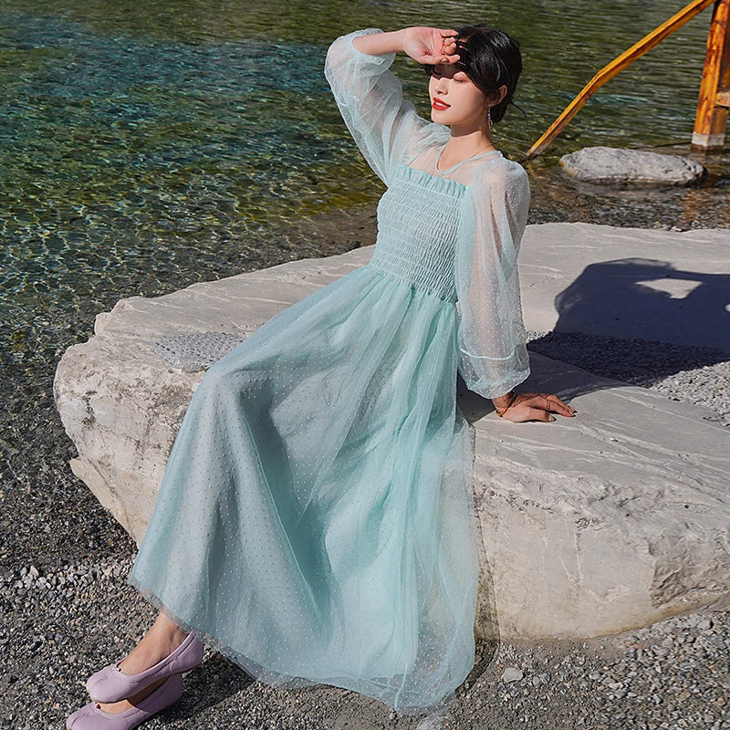 Fairy Dress Summer New Forest Mesh French First Love Pink Sweet Princess Dress Green 3/4 Sleeves Pleated Long Dress