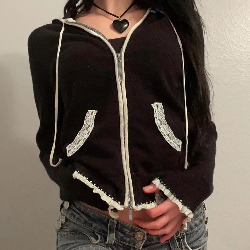 Black Lace Trim Knitted Sweater Cardigan Autumn Winter New Coat Sweet Basic All-match