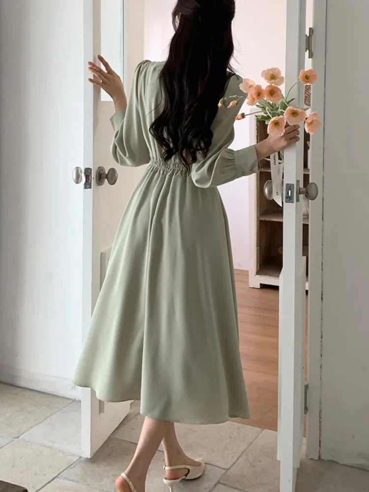 Korean Autumn Midi Dresses for Long Sleeves V-neck A-line Dress Office Lady Clothing New