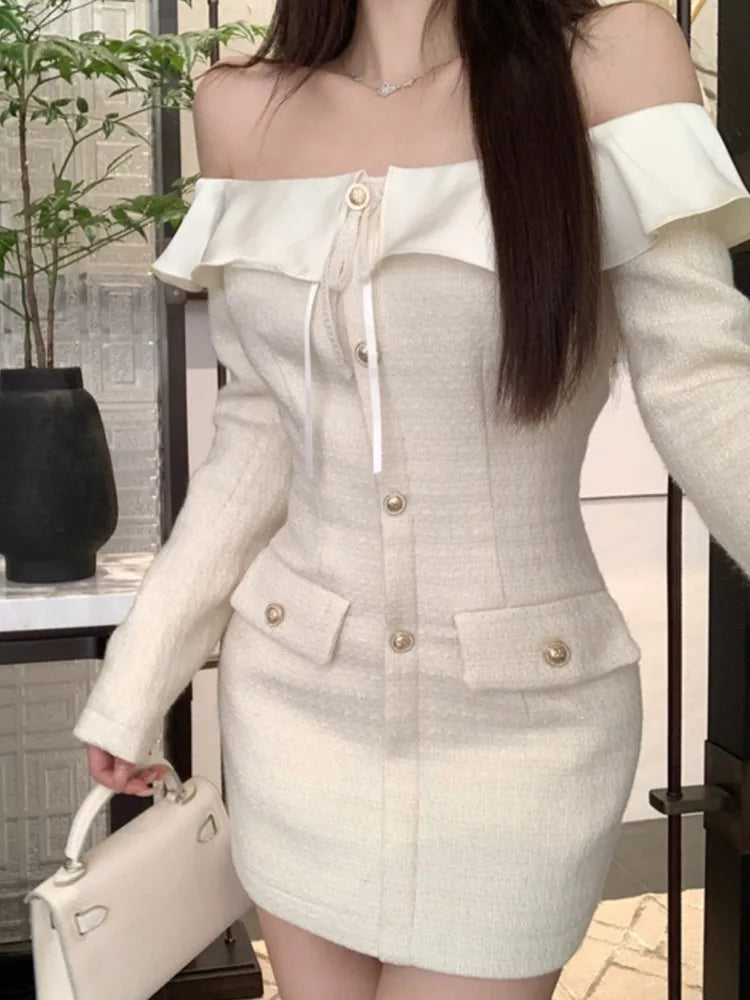 Sweet Tweed Mini Dresses for Slash Neck Long Sleeves Birthday Party Evening Robe Korean Slim Waist Vestidos Mujer