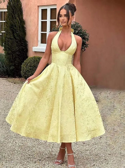 Bow Backless Jacquard a Line Mini Dress