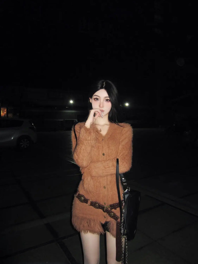 Retro Lazy Stylish Tassel Vneck Sweater Clothing Autumn/winter Loose Soft Furry Slim Camel Knitted Cardigan Tops