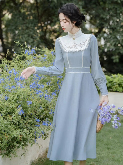 Midi Dresses Woman Autumn Retro French Style Embroidery Lantern Sleeve Slim Evening Party Robe Vestido