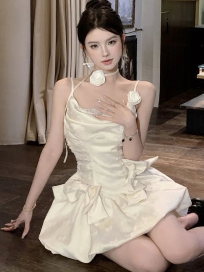 Sweet Spaghetti Strap Mini Dress for Tie Flower Bow Party Dresses Summer Spring Female Vestidos New Outfits