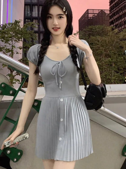 Knitted Dresses for V-neck A-line Pleated Mini Dress Korean Autumn Knitting One Piece Vestido Mujer New