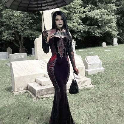Dark Gothic Strapless Off Shoudler Dress for Halloween Costume Cinched Waist Slimming Wrapped Hip Fishtail Maxi Dress