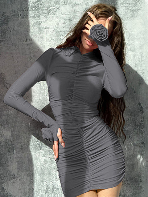 Slim Pleated Mini Dress ’s Long Sleeve High Waist Y2k Dress Female Autumn Clothes Mini Dress