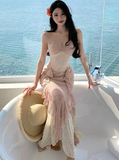 Summer French Style Long Dresses for Spaghetti Strap Ruffles Birthday Party Dress Female Holiday Beach Vestidos Robe