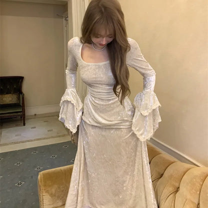 Y2k Velvet Long Dresses for Flare Sleeve Square Collar Slim Waist A-line Autumn Winter Evening Party Prom Robe Vestidos