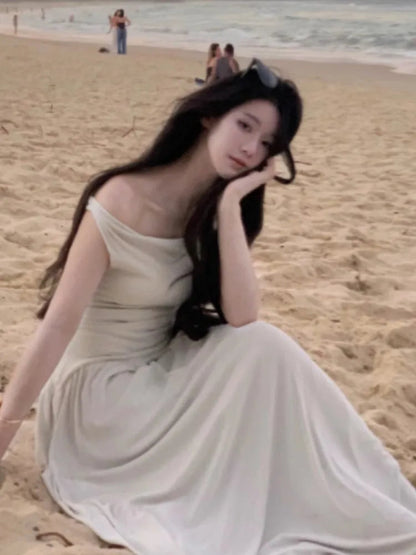 White Long Dresses Fairycore Slash Neck Inclined Shoulder Vestidos Summer Laceup Ruched Trumpet Dress