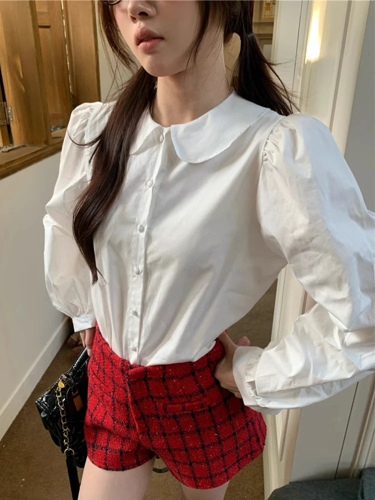 Blue Plaid Shirt Kawaii Peter Pan Collar Blouse Female Preppy Style Puff Sleeve Top With Teen Girl Spring Clothes