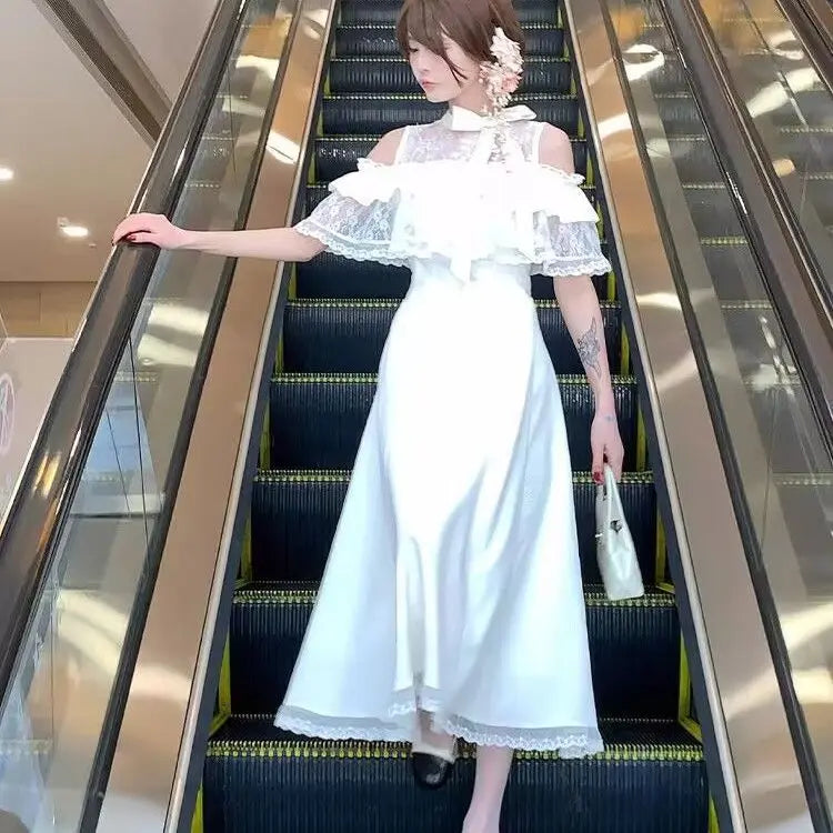 Lace Sweet Cloak Design White Dress Summer New Off Shoulder Bow Short Sleeve Waist Slimming Aline Long Dress for