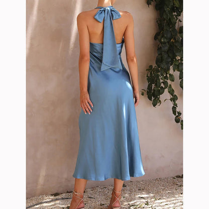 Slim Fit Backless Evening Dress Summer Satin Split Sleeveless Long Dresses Party Halter Dress 28312