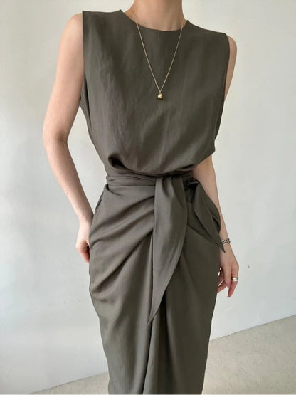 Sweet Hot Girl Pure Twist Laceup Dress Autumn Slim Sleeveless Long Dress Female Clothes